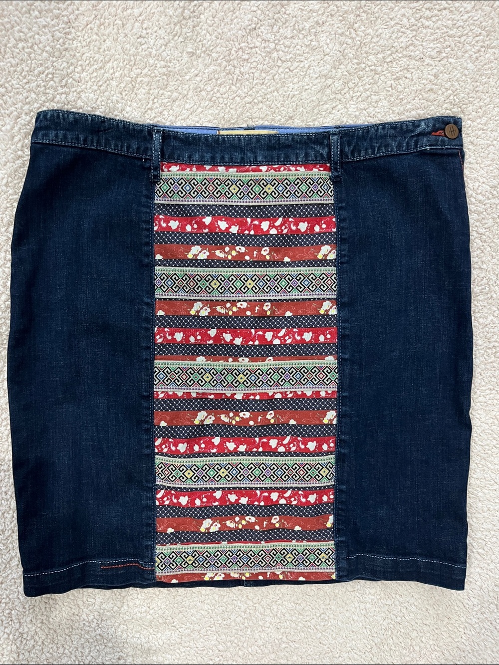 Anthropology Holding Horses Denim Skirt With Red Patterned Center Panel